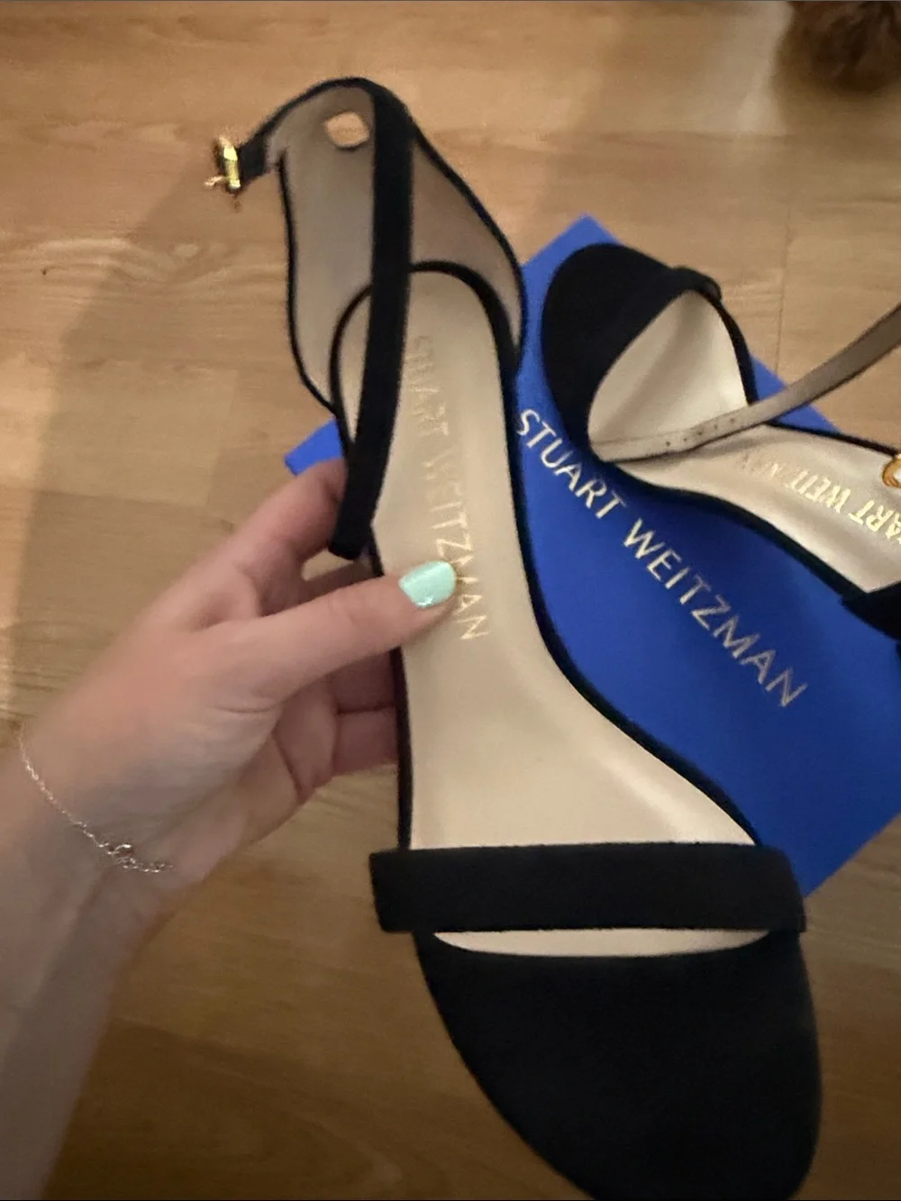 Stuart Weitzman Black Suede Ankle-Strap Heels with Gold Buckle